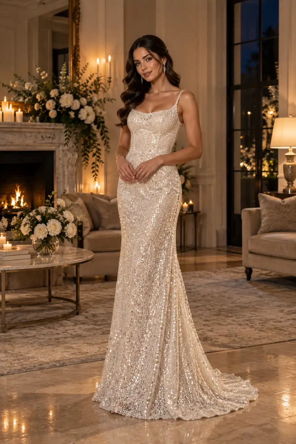 Glamorous bride wearing a fully sequin-embellished ivory sheath wedding gown with a sleek fitted silhouette and sparkling evening bridal style.