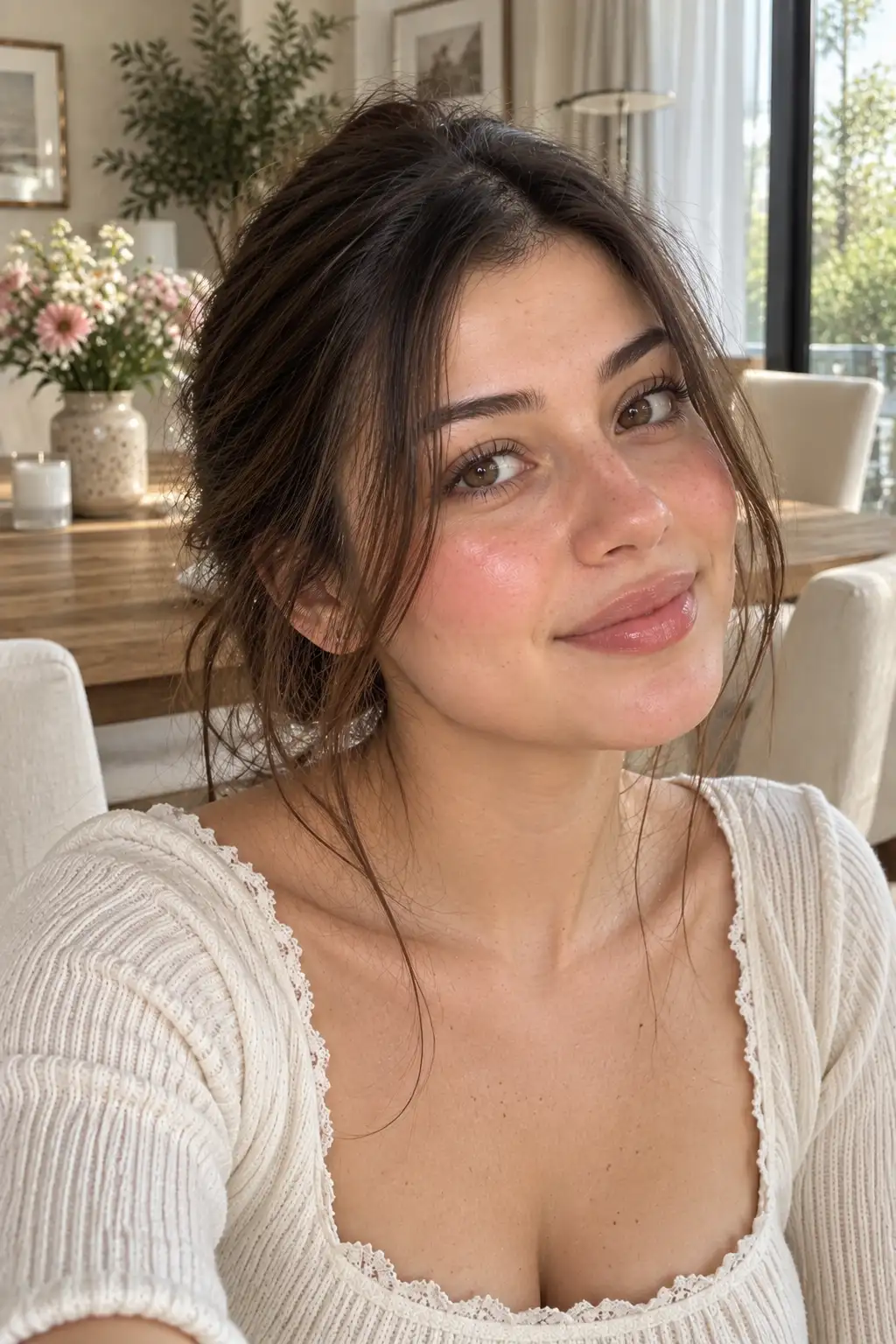 Realistic close-up of a young woman wearing lightweight skin tint with softly blended cream blush on the cheeks, creating a fresh natural complexion while visible skin texture and subtle freckles remain.