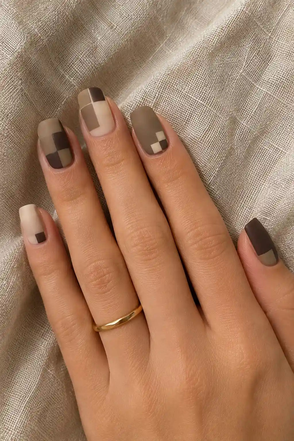 Medium squoval nails with an asymmetric checkerboard design using matte espresso brown, taupe, cream, and beige geometric blocks.