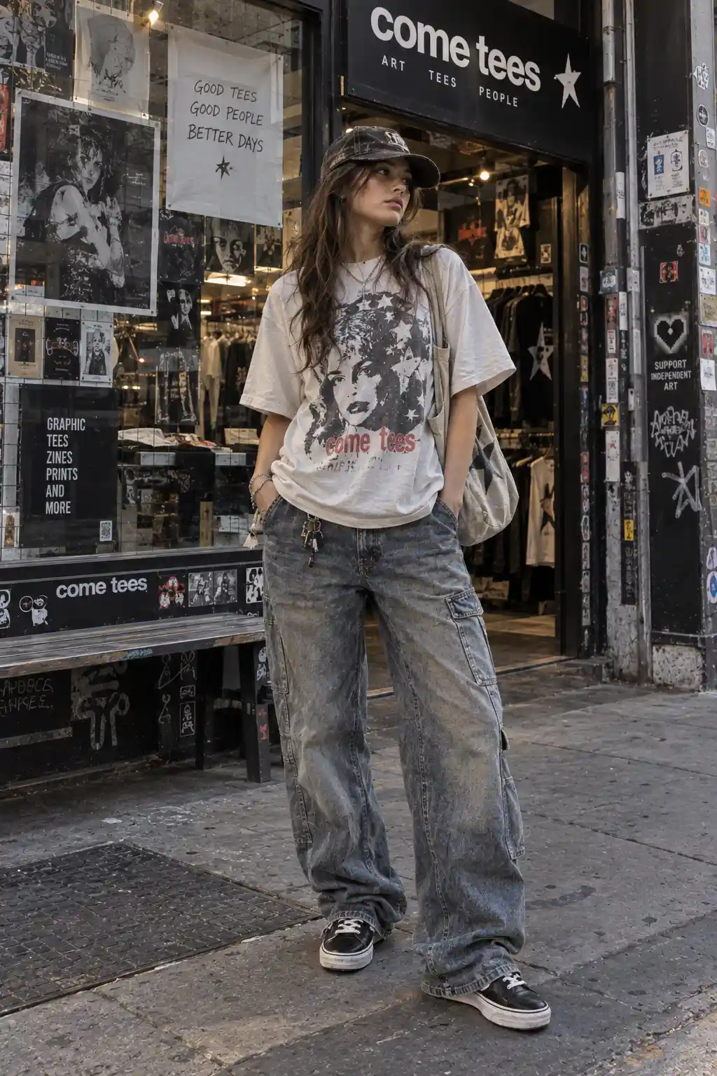 Come Tees-inspired women's underground streetwear outfit featuring an oversized graphic T-shirt, faded carpenter jeans, skate sneakers, canvas shoulder bag, baseball cap, and an independent urban streetwear shop.