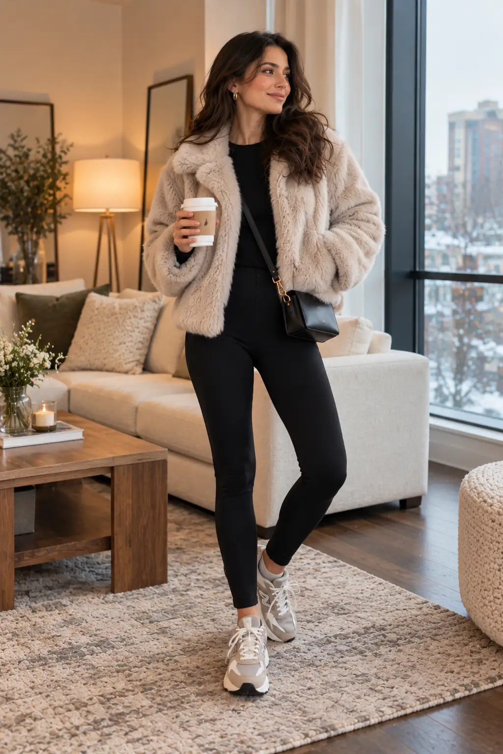 Woman wearing a short faux fur jacket over a fitted top with thick leggings and chunky sneakers