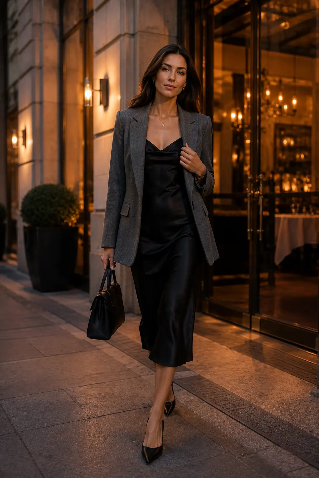 A stylish woman wearing a black satin midi slip dress layered under an oversized warm-gray blazer, paired with pointed heels, a structured handbag, and delicate gold jewelry.