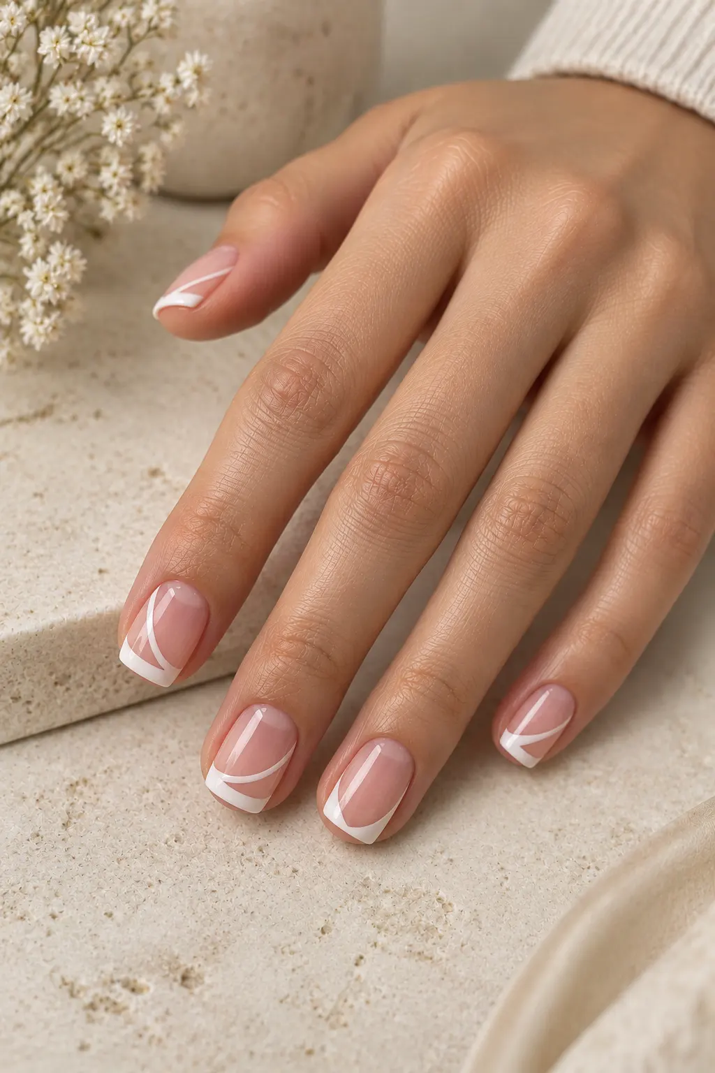 Short square nails featuring a modern negative-space French manicure with sheer sections and delicate white geometric detailing.