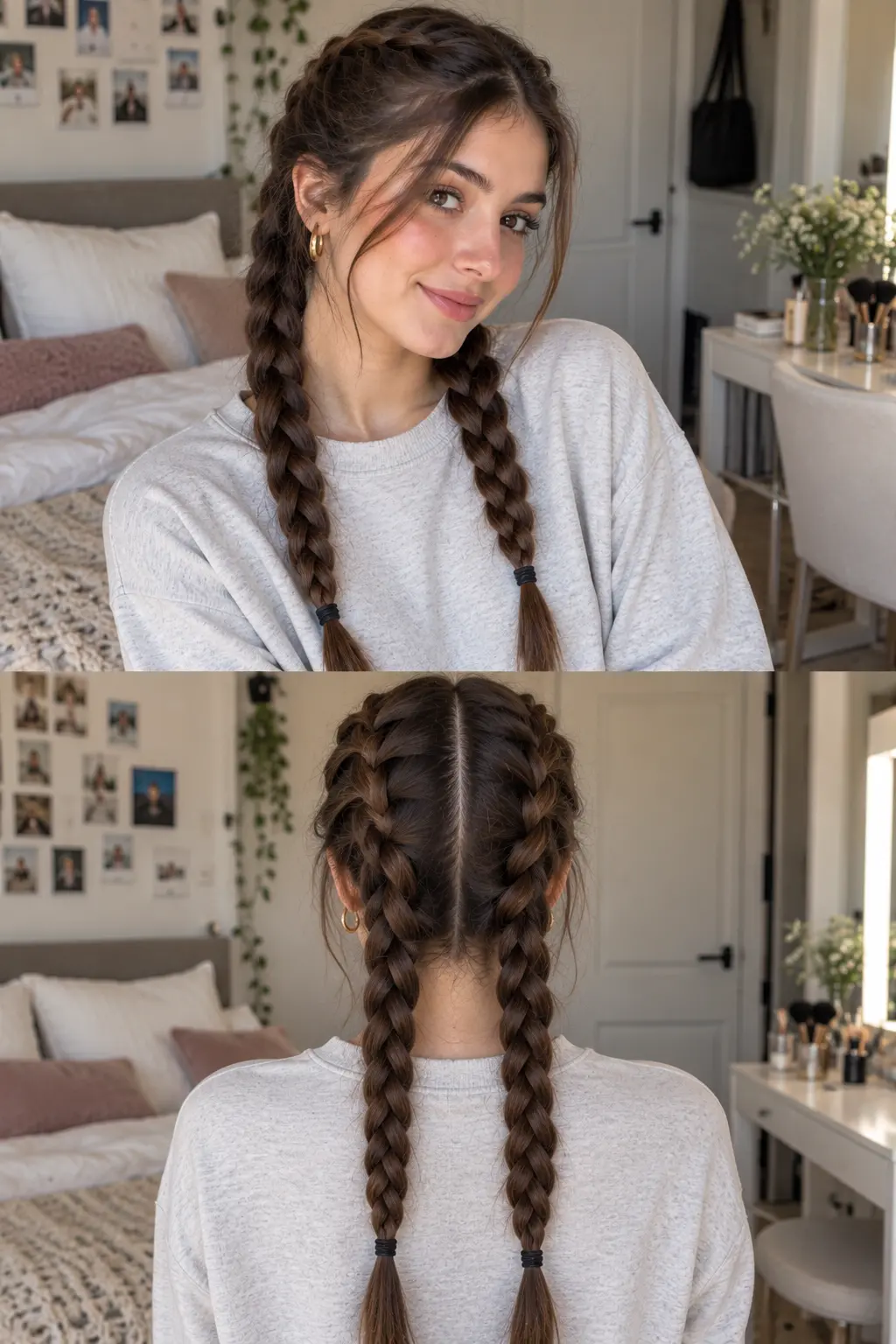 Cute French braid pigtails with two neatly woven braids starting at the crown and continuing down both sides of the head.