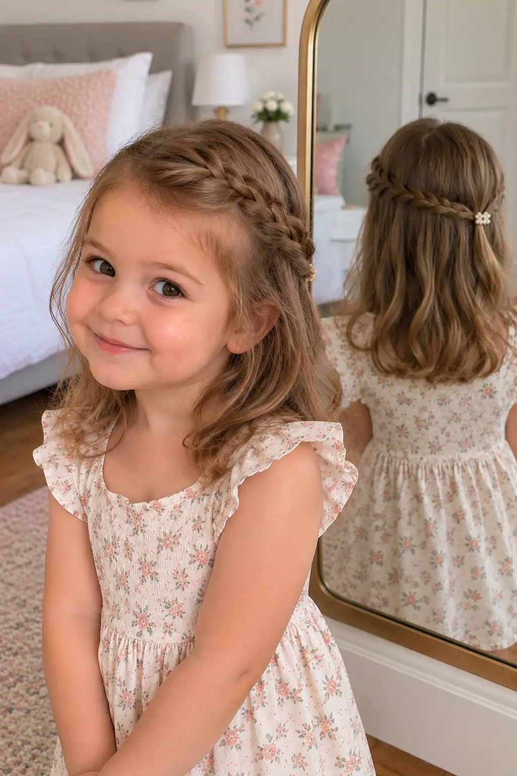Toddler girl wearing a small crown-style braid accent across the front and side of her hair while the rest of her hair is left open.