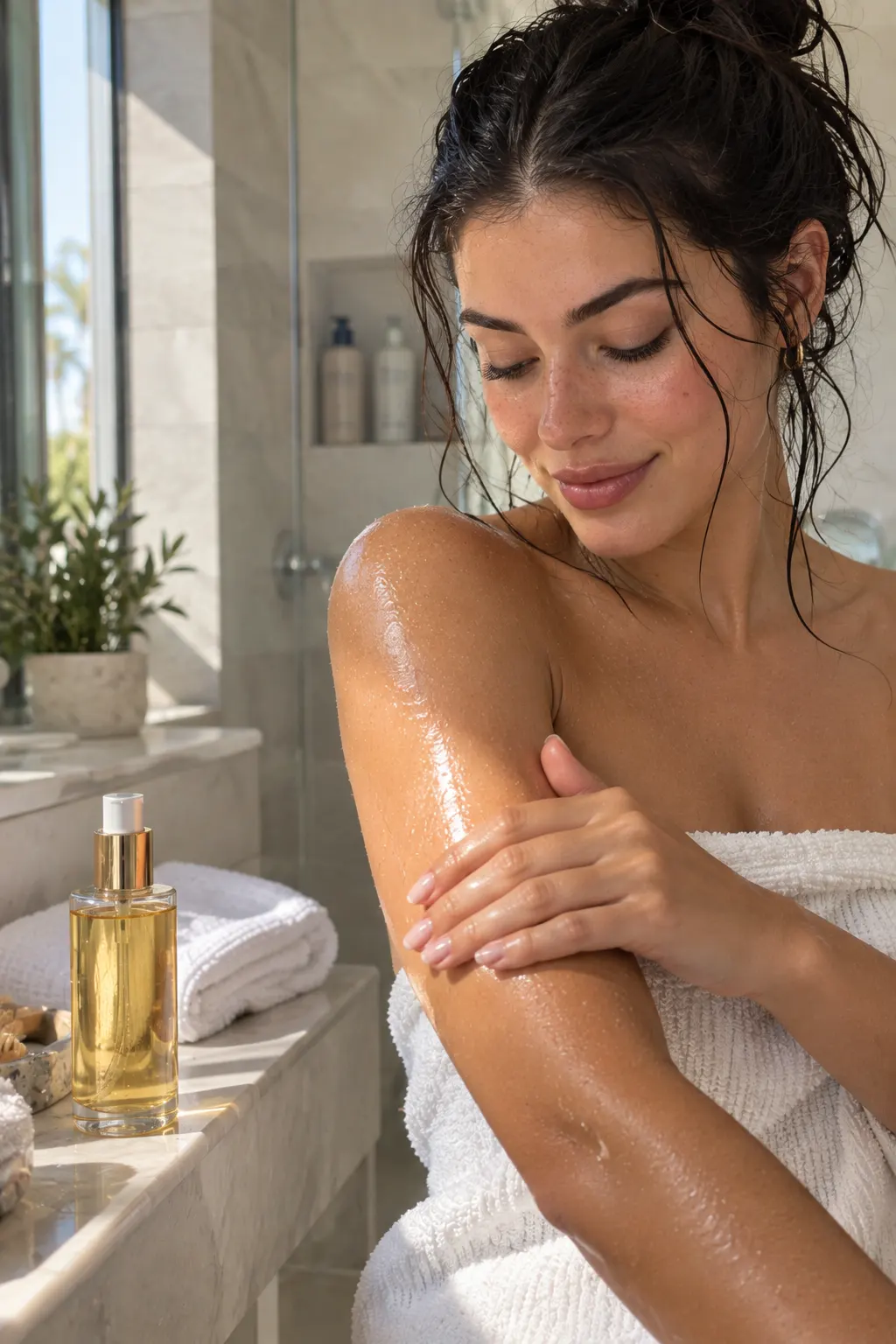Young woman applying body oil to damp skin after a shower for quick hydration and a natural summer glow.