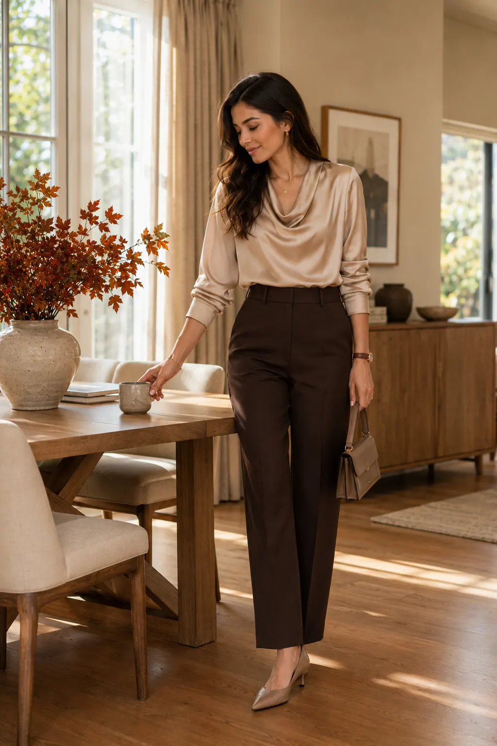 Young woman wearing a champagne satin blouse with dark chocolate tailored trousers, low heels, gold jewelry, and a structured handbag in a warm, sunlit dining room.