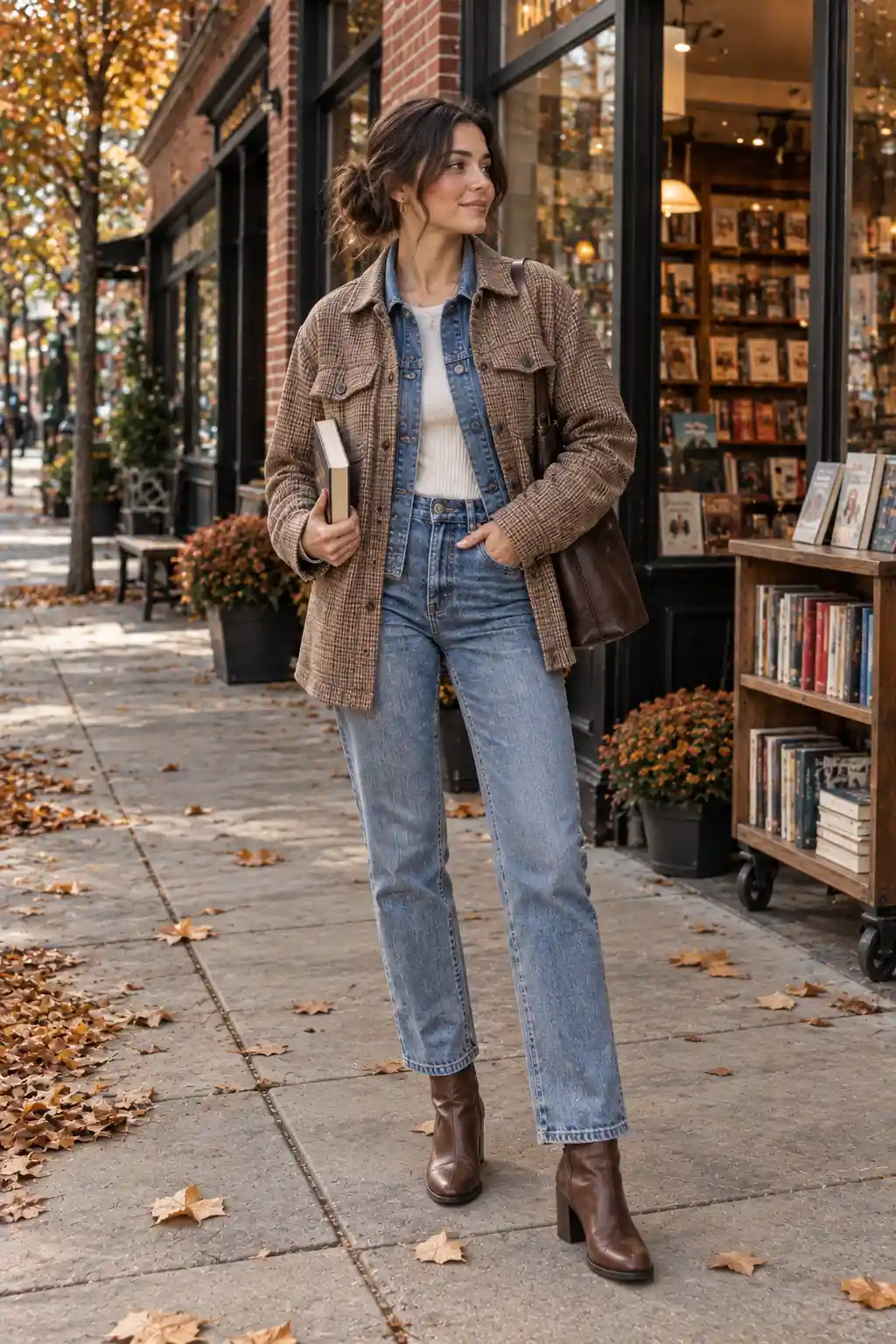Woman layering a shacket over a denim jacket with relaxed jeans and ankle boots for a stylish double-denim fall street-style outfit.
