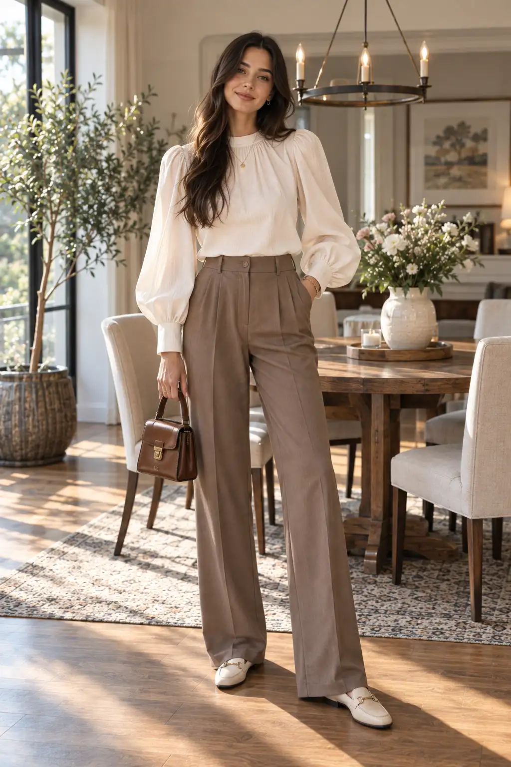 Tall woman wearing a stylish blouse with dramatic balloon sleeves, straight-leg tailored trousers and flat shoes in a bright home dining room.