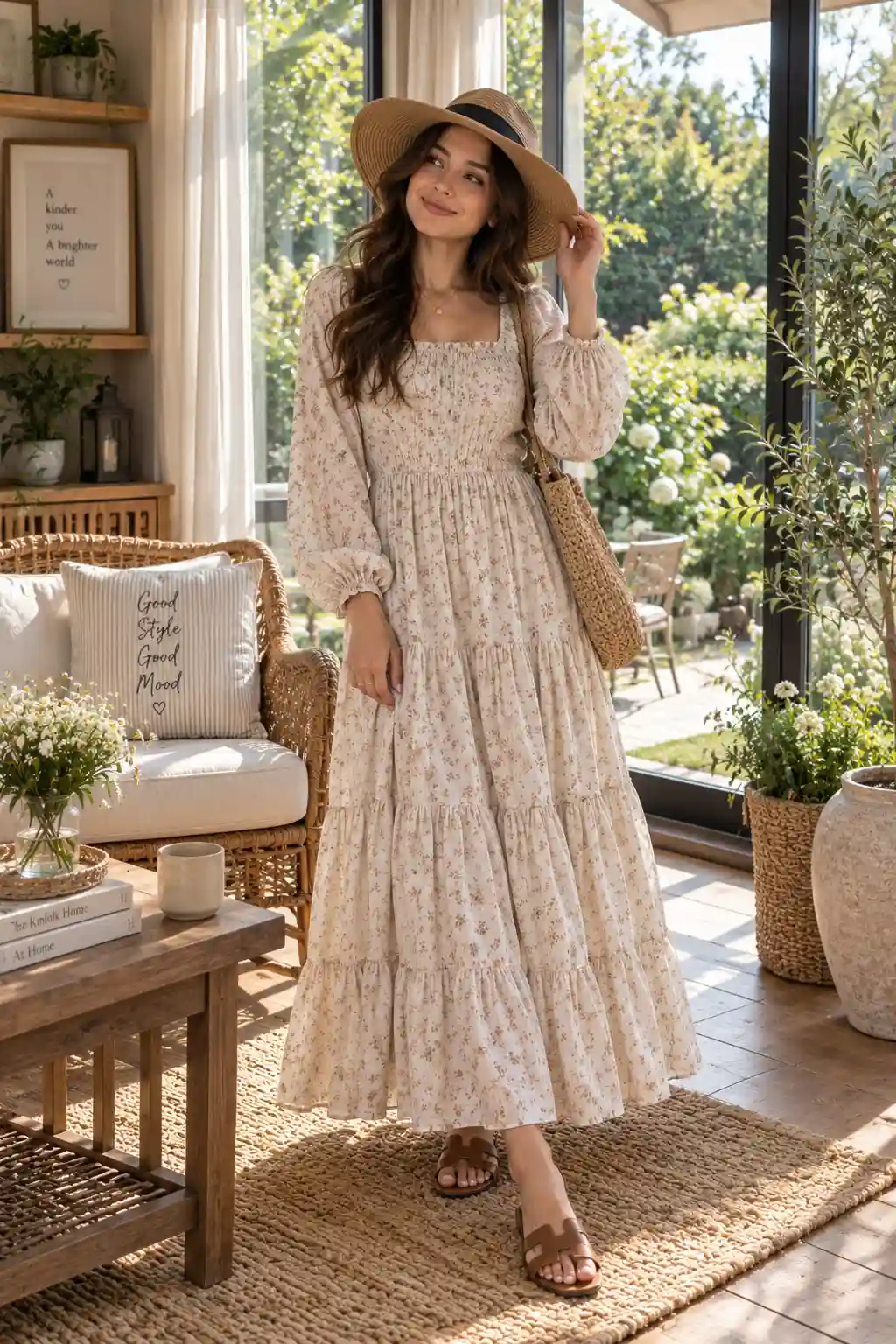 Woman wearing a tiered cotton maxi dress with a wide-brim hat for a relaxed boho-inspired modest outfit at home