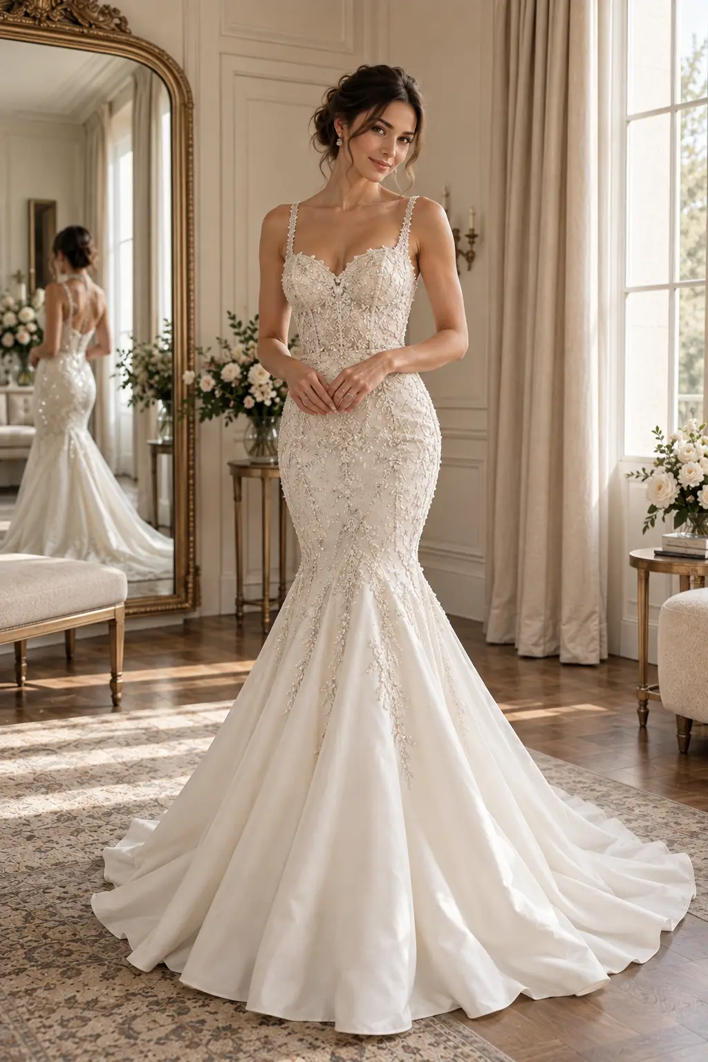 Elegant bride wearing an ivory trumpet wedding gown with an intricately beaded bodice, fitted hips, and a dramatic flare beginning near the knee.