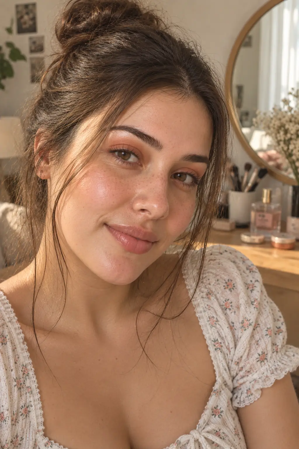 Young woman wearing a soft peachy eye makeup look created with sheer peach-nude cream eyeshadow, naturally groomed brows, lightly curled lashes, subtle blush, and a sheer lip balm in a bedroom vanity.