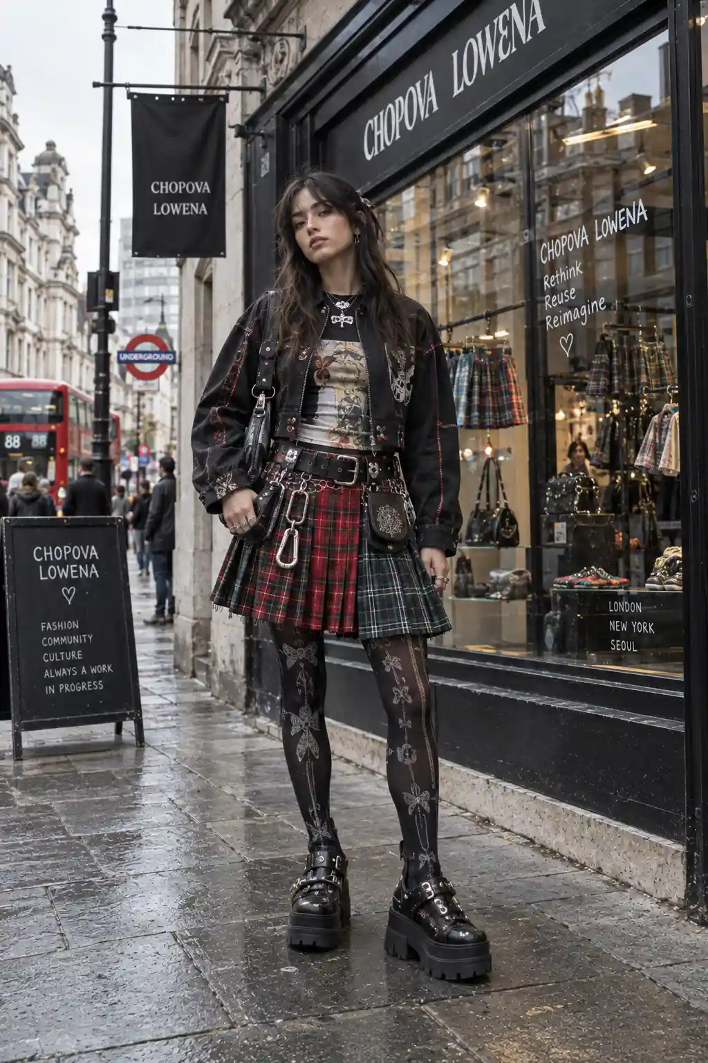 Chopova Lowena-inspired women's streetwear outfit featuring a structured pleated kilt-style skirt, layered top, functional metal carabiners, statement shoes, leather accessories, and a fashionable London boutique.