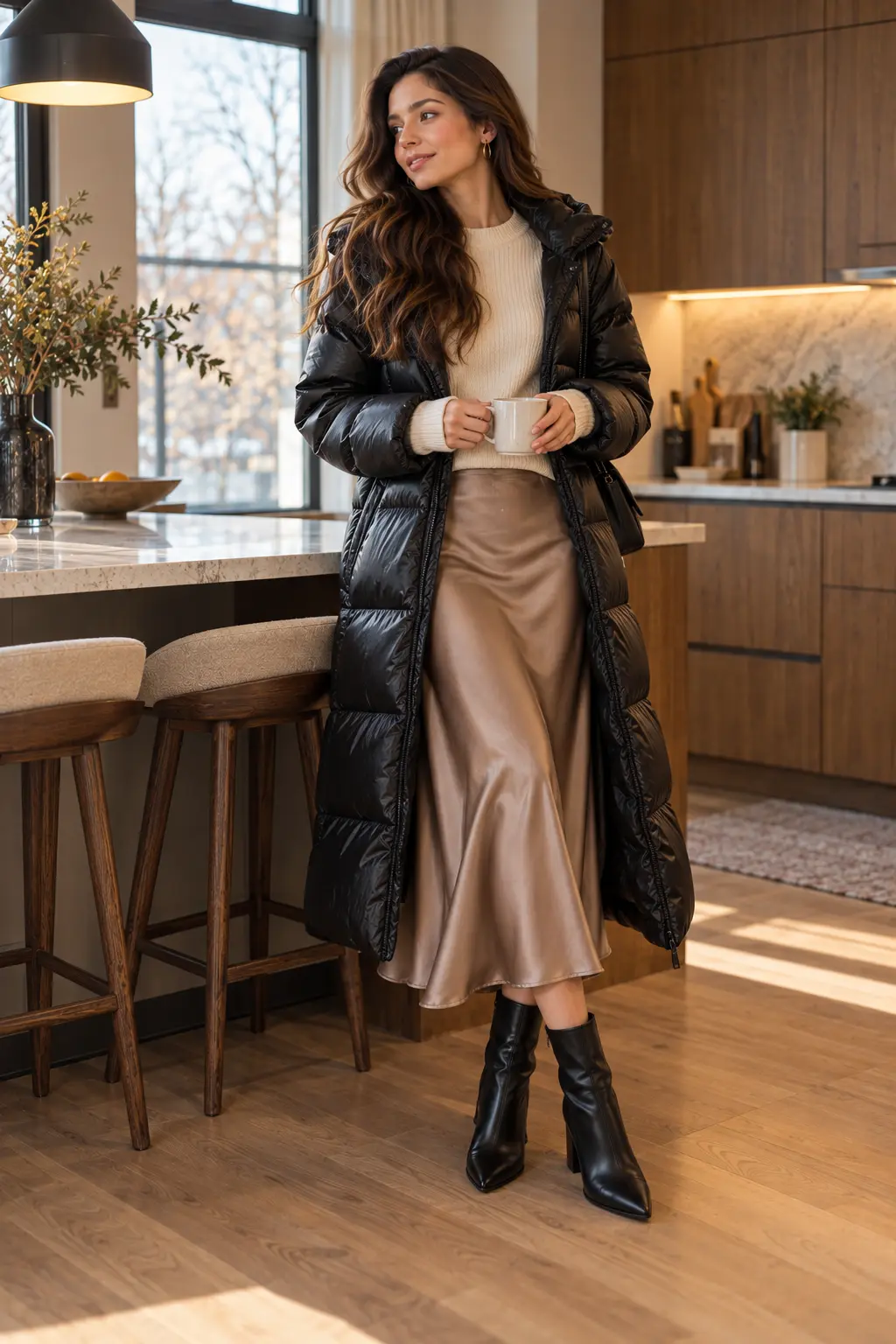 Woman wearing a glossy long puffer coat over a satin midi skirt with a fitted knit and boots