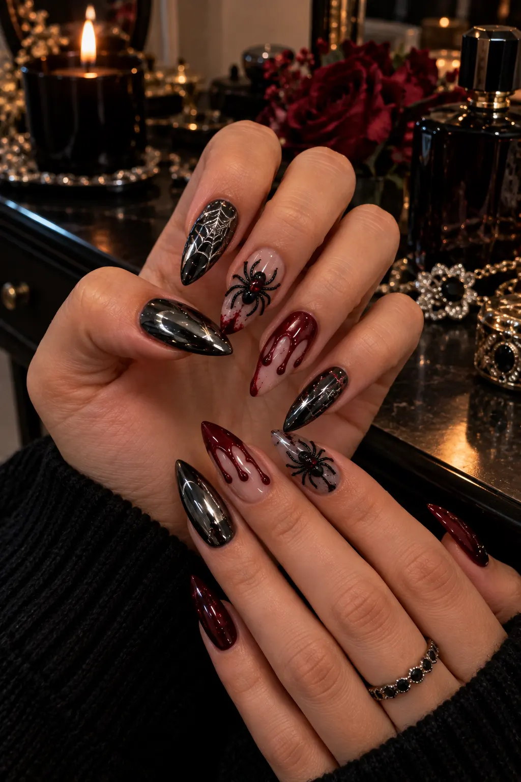 Long almond acrylic nails with a chrome black base, 3D spiders and red blood splatter