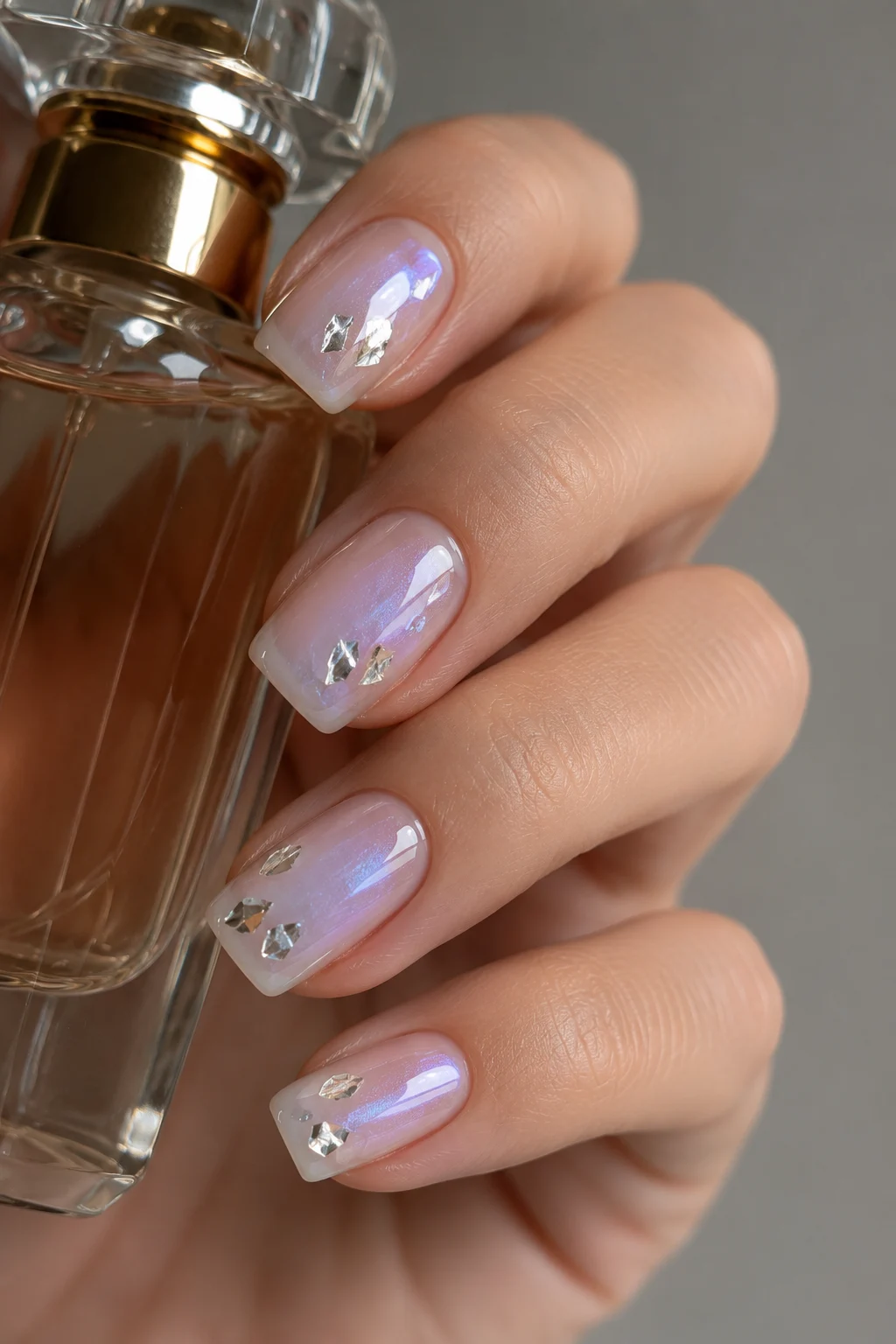 Translucent squoval nails with an iridescent opal base and small irregular reflective chrome fragments inspired by mother-of-pearl.