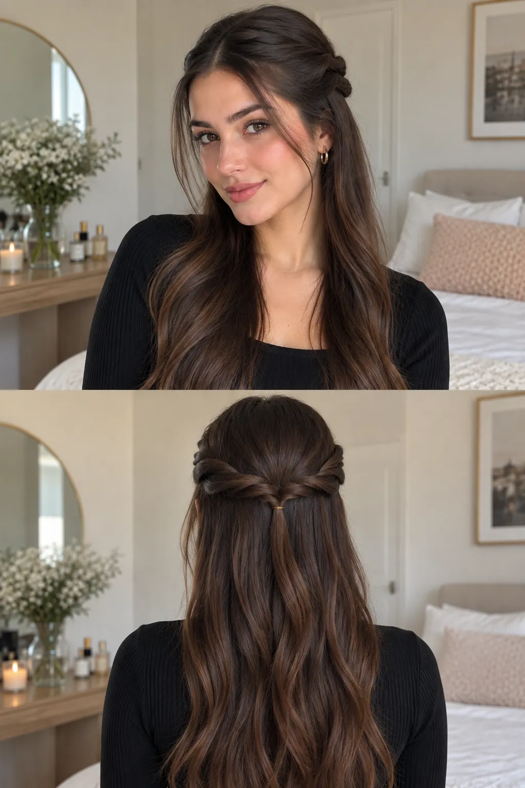 Easy twisted half-up hairstyle with two small sections twisted backward and pinned together while the rest of the hair stays loose.