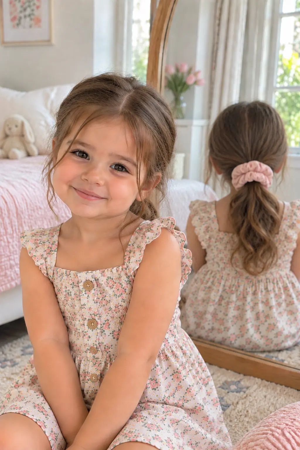 Toddler girl wearing a relaxed low ponytail secured at the nape of her neck with a soft fabric scrunchie and natural loose strands.