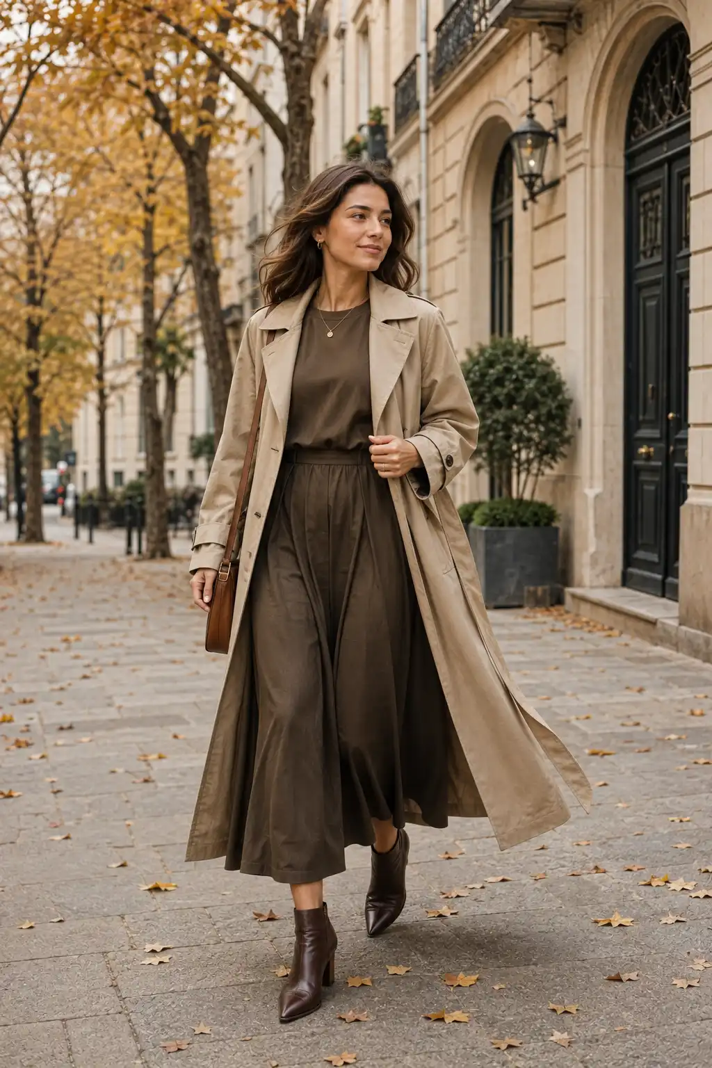 Young woman wearing an olive-brown midi dress with dark ankle boots and an open beige trench coat while walking along an elegant autumn-lined residential street.