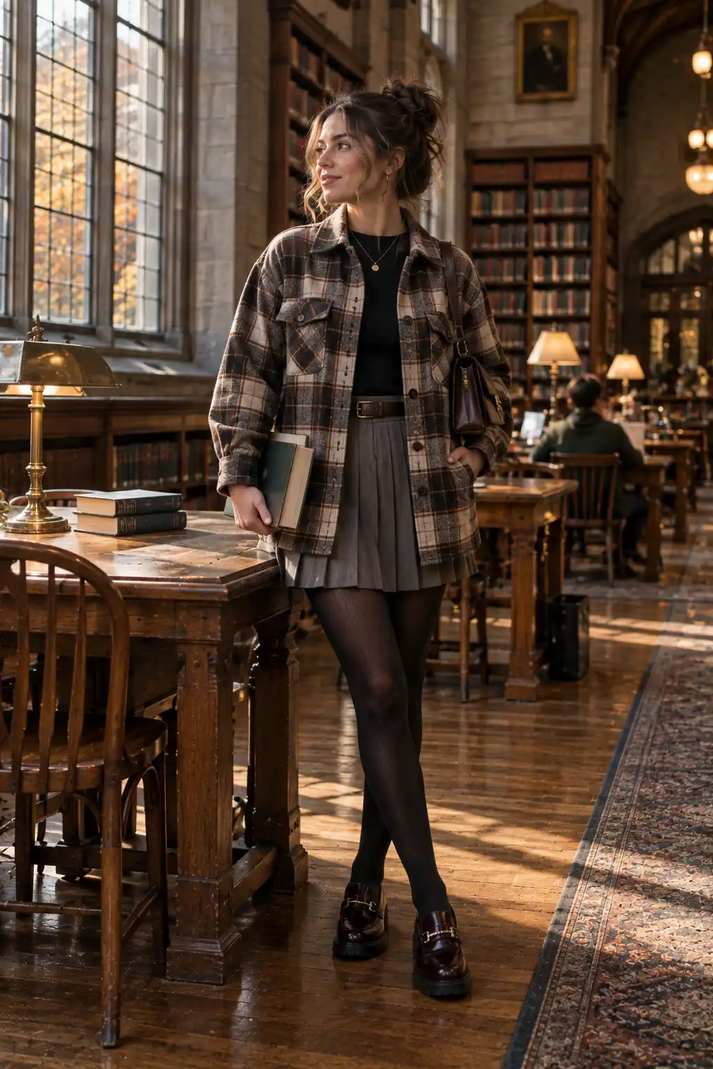 Woman wearing a plaid shacket with a pleated skirt, ribbed tights and leather loafers for a preppy fall outfit with a modern grunge-inspired edge.