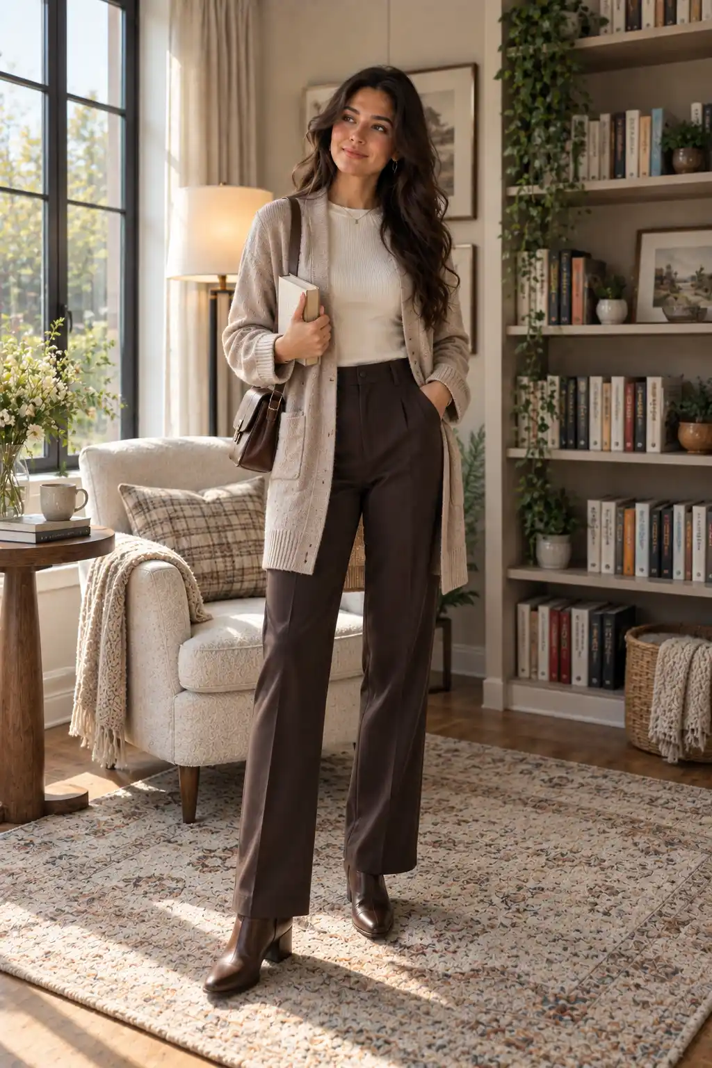 Tall woman wearing a long cardigan layered over a shorter fitted top with straight-leg trousers and ankle boots, demonstrating how different clothing lengths create balanced proportions.