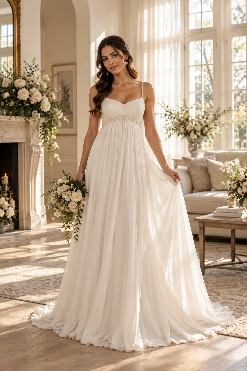 Graceful bride wearing a flowing ivory empire-waist chiffon wedding gown with a soft draped skirt and lightweight romantic fabric.