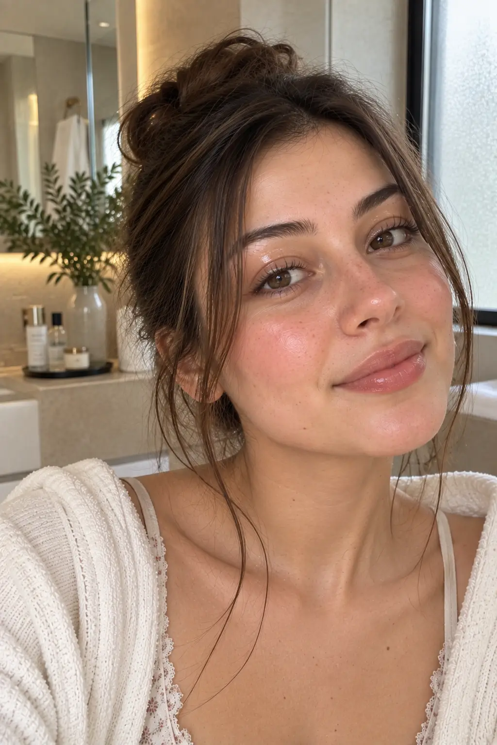 Close-up beauty portrait of a young woman with subtle glossy clean eyelids creating a soft wet-glass eye effect, natural skin texture, groomed brows, clean lashes, and minimal makeup in a modern home bathroom.