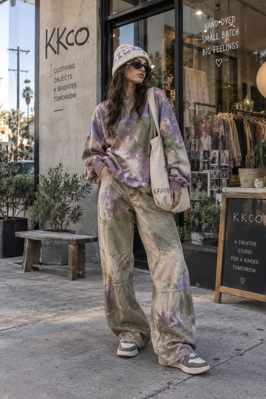 Kkco-inspired women's artistic streetwear outfit featuring a hand-dyed oversized sweatshirt, wide-leg trousers, artistic sneakers, canvas tote bag, beanie, and a contemporary independent fashion studio.