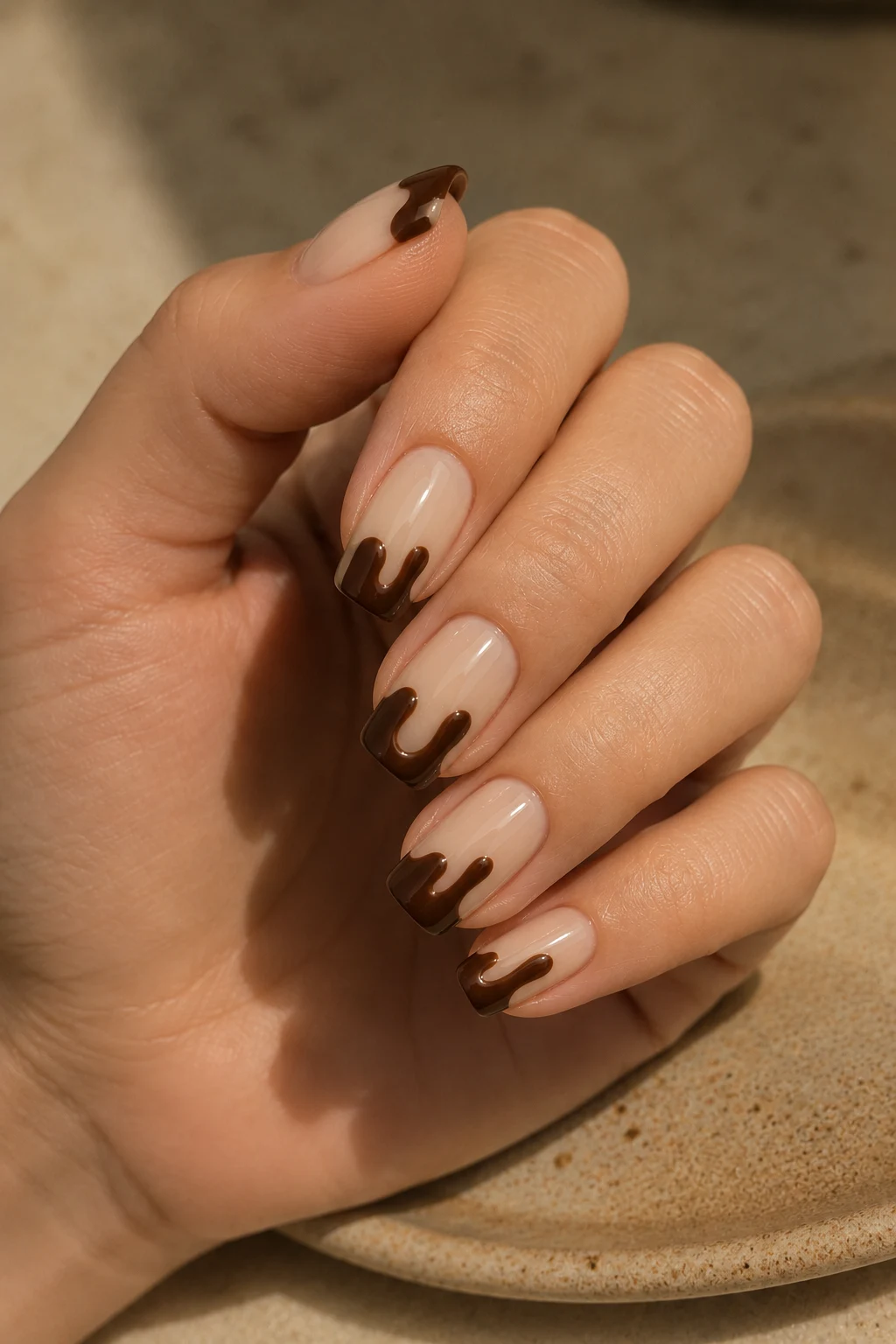 Creamy beige squoval nails featuring an abstract melted espresso French design with irregular chocolate-brown drips from the tips.