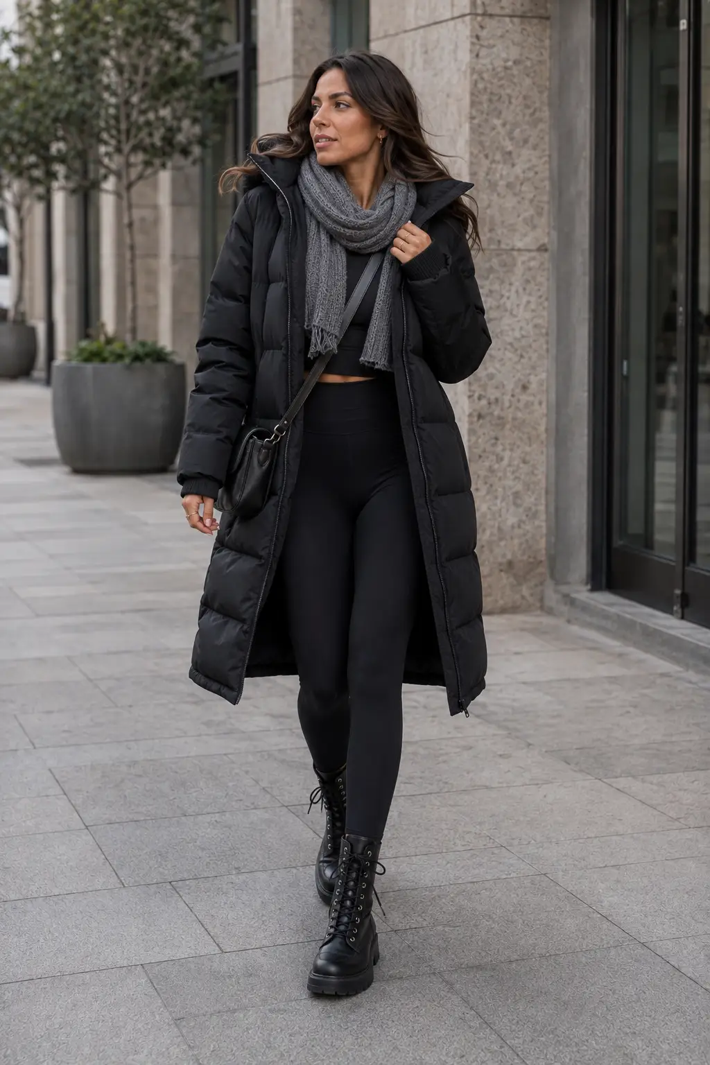 Sportliche Outfit featuring a longline black puffer coat, fitted leggings, combat boots, scarf, and crossbody bag for an edgy winter look.
