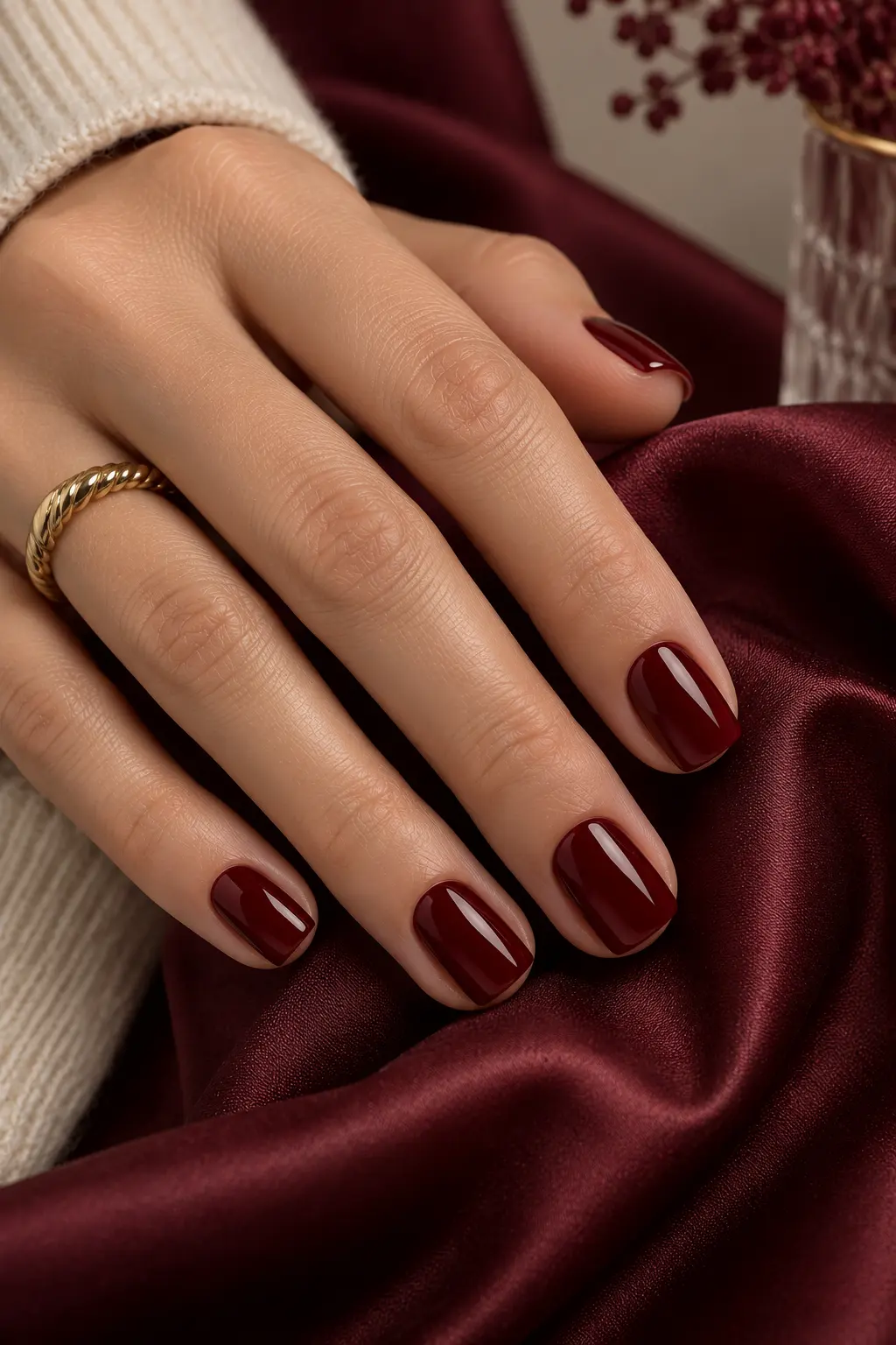 Short square nails painted in a deep burgundy wine shade with a rich glossy finish and sophisticated dark red color.