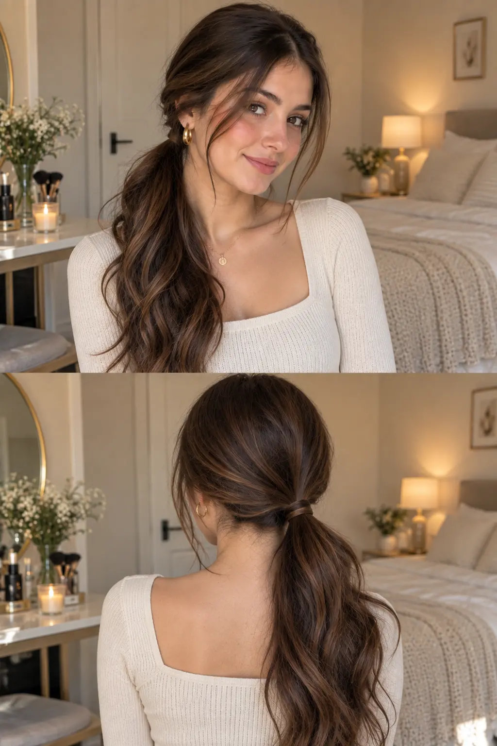 Elegant side-swept ponytail gathered low toward one side with soft face-framing strands and naturally flowing hair.