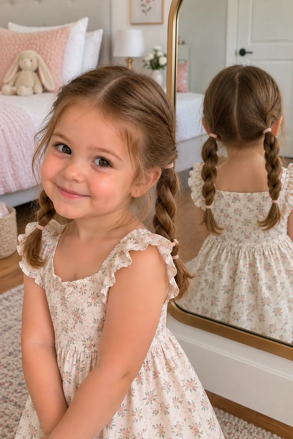 Toddler girl wearing two simple two-strand twisted pigtails secured with small elastics, showing an easy alternative to traditional braids.