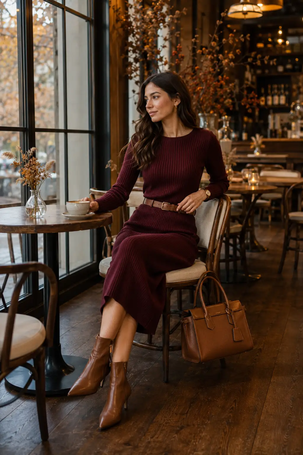 Young woman wearing a burgundy ribbed knit midi dress with a cognac leather belt, matching ankle boots, and a structured handbag in a cozy autumn café.