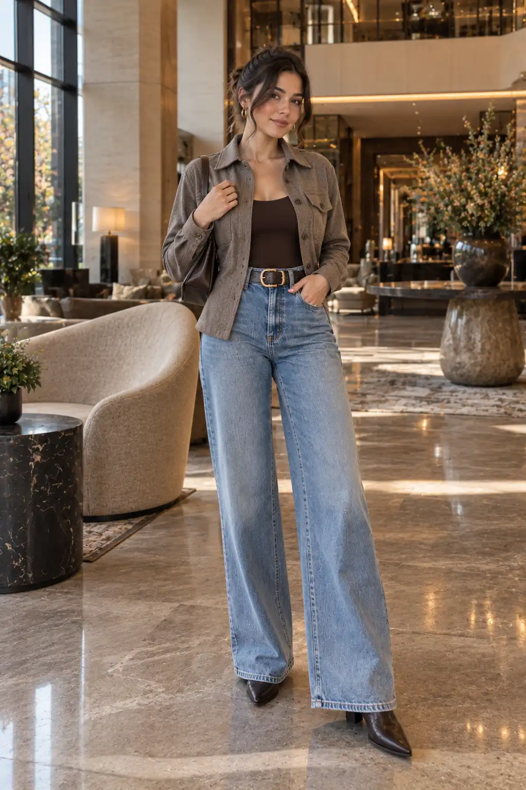 Woman wearing a partially buttoned shacket over a fitted bodysuit with high-waisted wide-leg jeans, a statement belt and heeled boots.