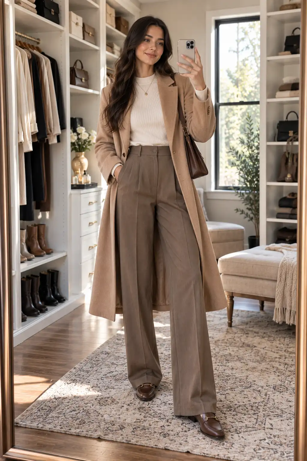 Tall woman wearing perfectly proportioned long-inseam tailored trousers with a fitted sweater and longline coat, showing the importance of proper clothing length for tall frames.