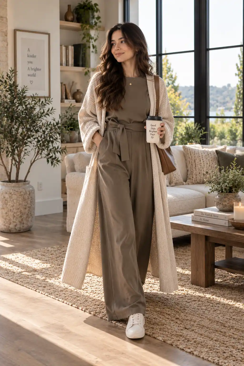 Woman wearing a wide-leg jumpsuit layered with a long cardigan coat for an elegant relaxed modest fashion look