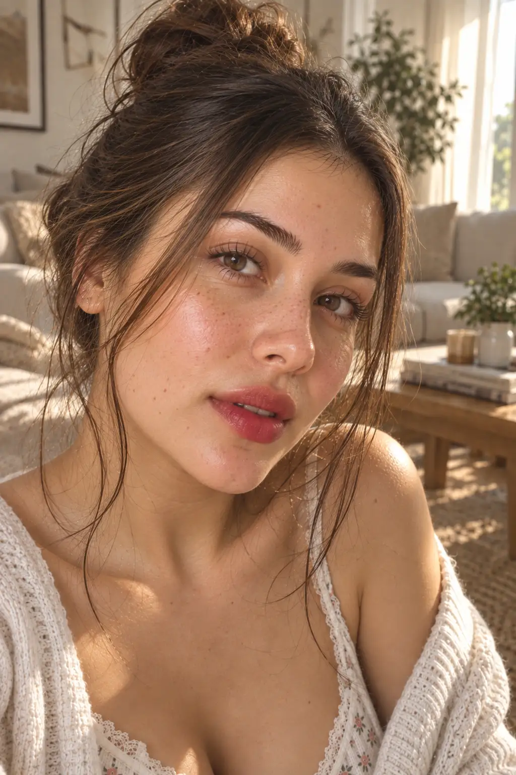 Realistic close-up of a young woman wearing a sheer lip stain concentrated at the center of her lips and softly blended toward the edges, paired with fresh minimal makeup and natural skin in a sunlit living room.