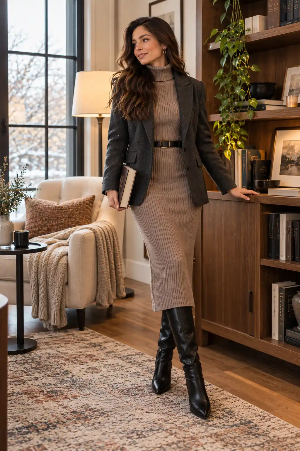 Woman wearing a ribbed knit midi dress with a tailored blazer, tall boots and simple gold jewelry