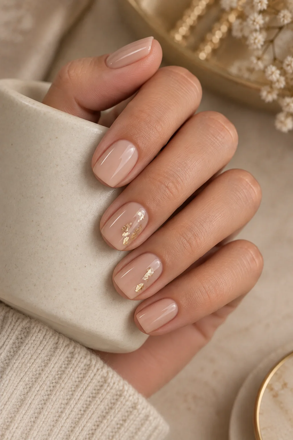 Short square nude nails featuring delicate tiny gold foil accents on selected nails for an elegant minimalist manicure.