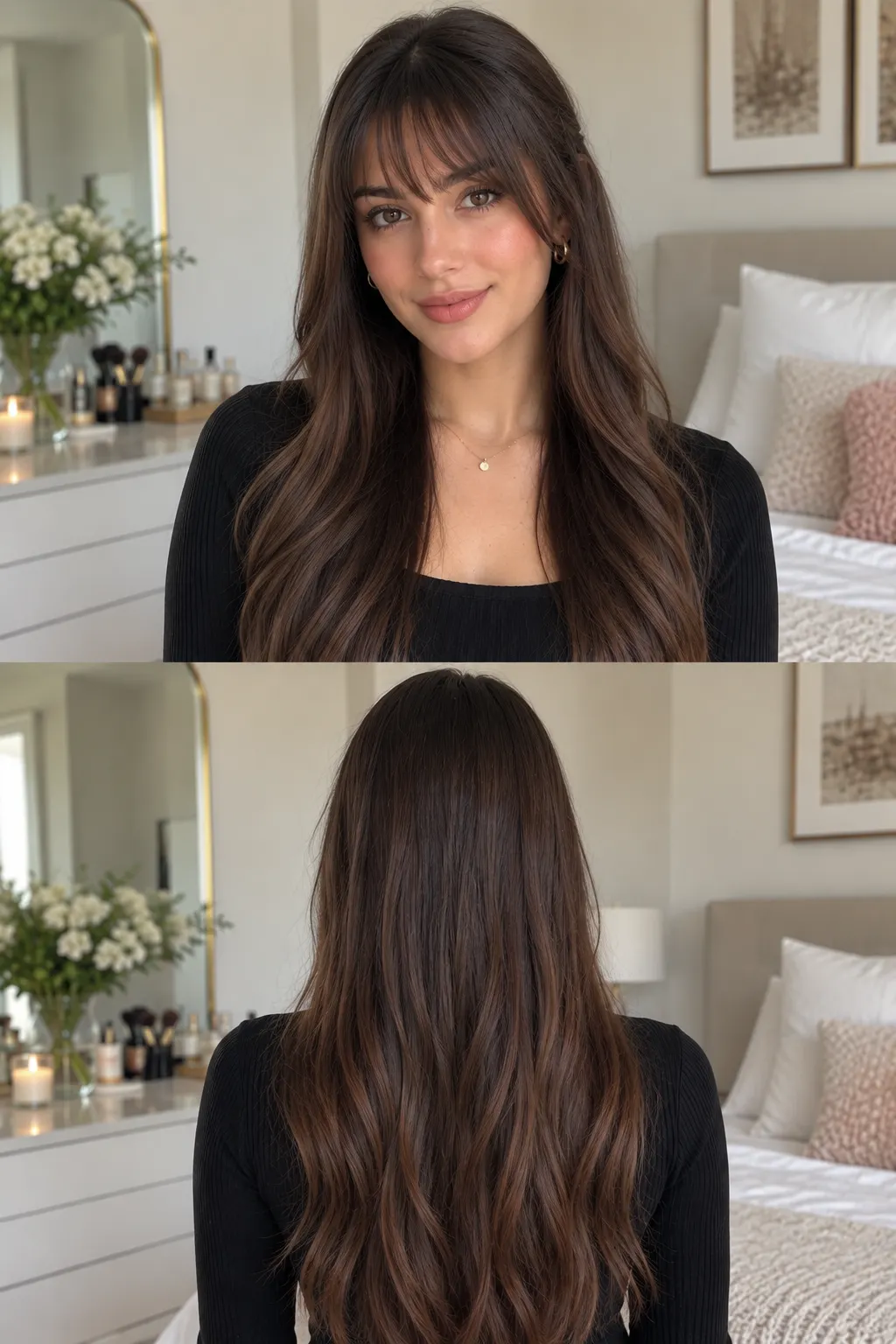 No-heat clip-in bangs hairstyle with a soft temporary fringe blended naturally into loose hair for an instant everyday style change.