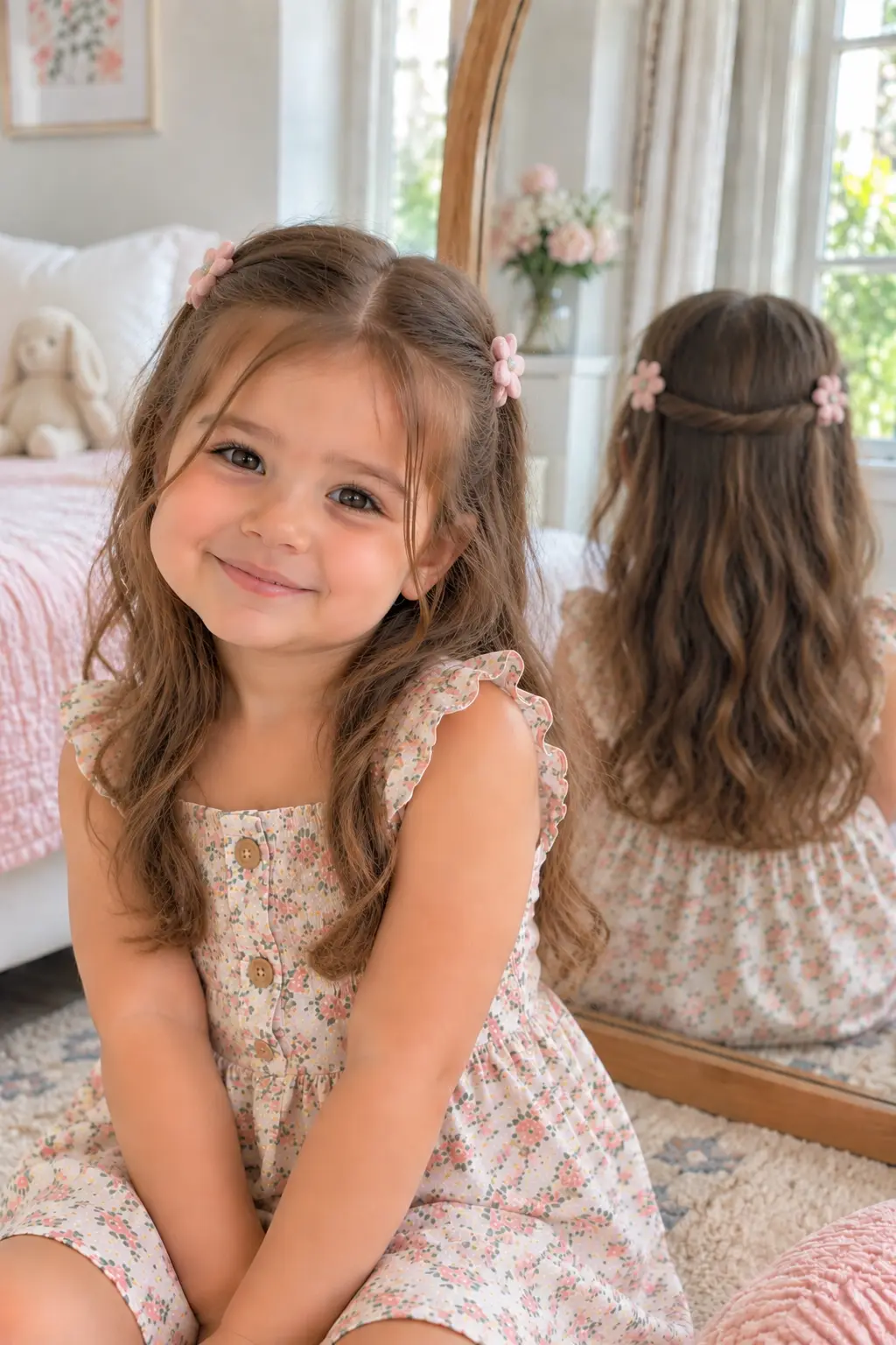 Toddler girl wearing cute hair clips that pull the front sections of her hair back while the rest of her natural hair remains loose.