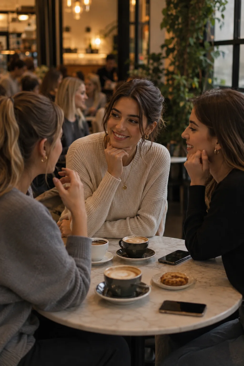 A stylish woman smiles and listens attentively while talking with two friends at a modern café, showing how warmth, genuine curiosity, humor, and active listening can make people feel comfortable around you.
