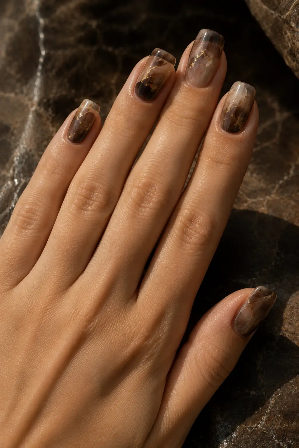 Translucent squoval nails layered with smoky brown, coffee, gray, and amber tones to create a realistic smoky quartz gemstone effect.