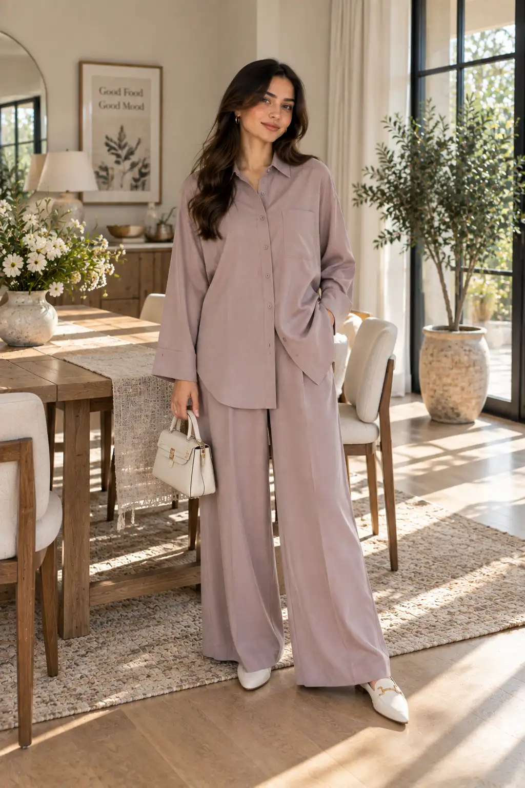 Woman wearing a matching modest co-ord set with a long shirt and wide-leg pants in a stylish contemporary home