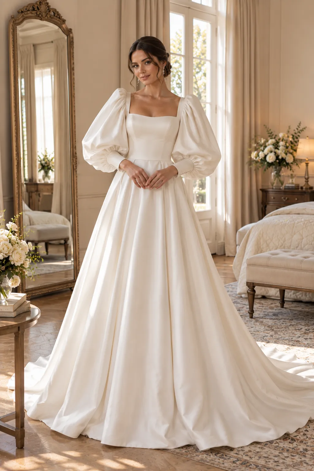 Romantic bride wearing an ivory wedding gown with dramatic long puff sleeves, a fitted bodice, and a graceful full-length skirt in an elegant home interior.
