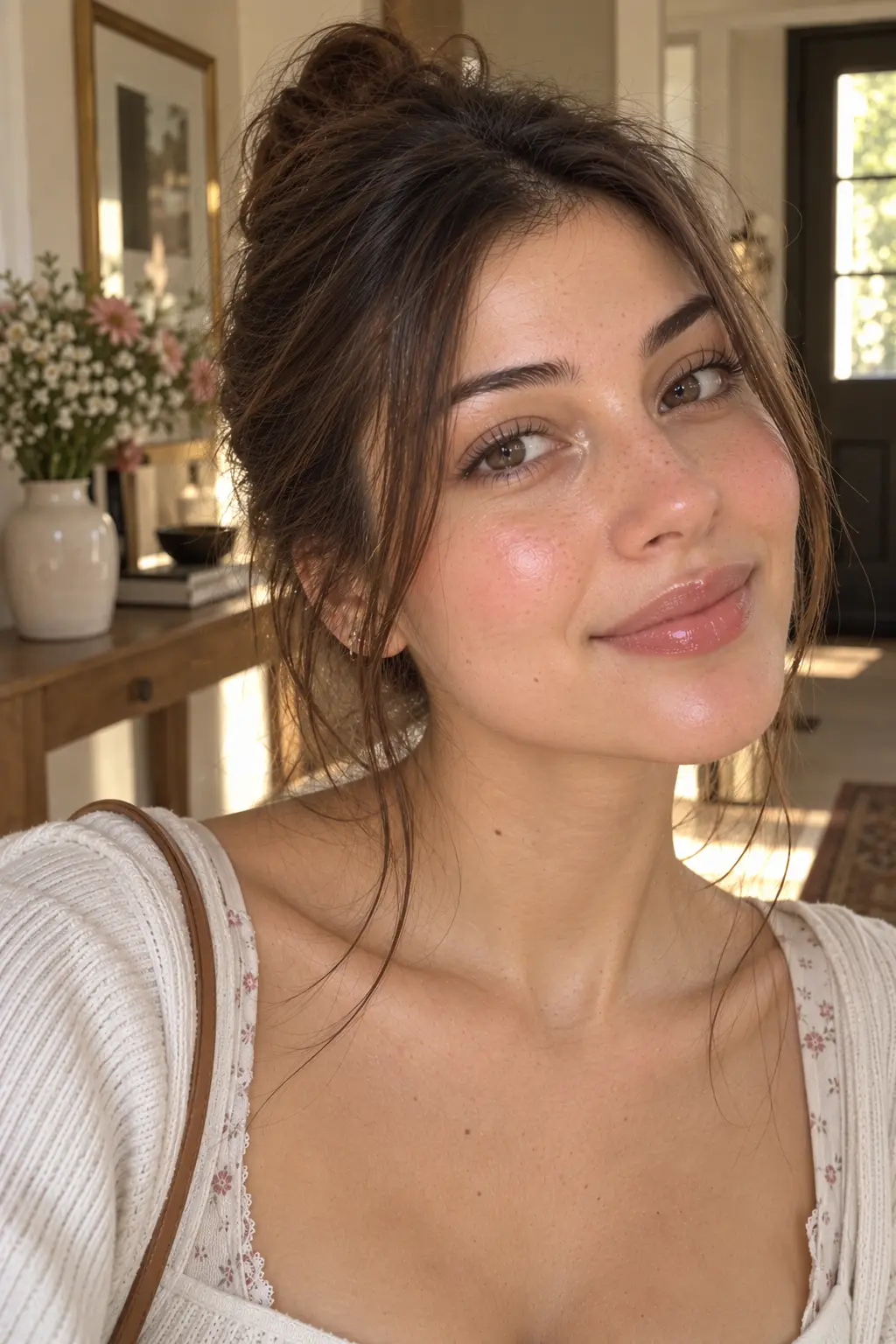 Young woman showing a subtle no-makeup makeup look with a tiny luminous highlight on the cupid's bow and inner eye corners, fresh natural skin, softly groomed brows, clean lashes, and sheer lip balm.