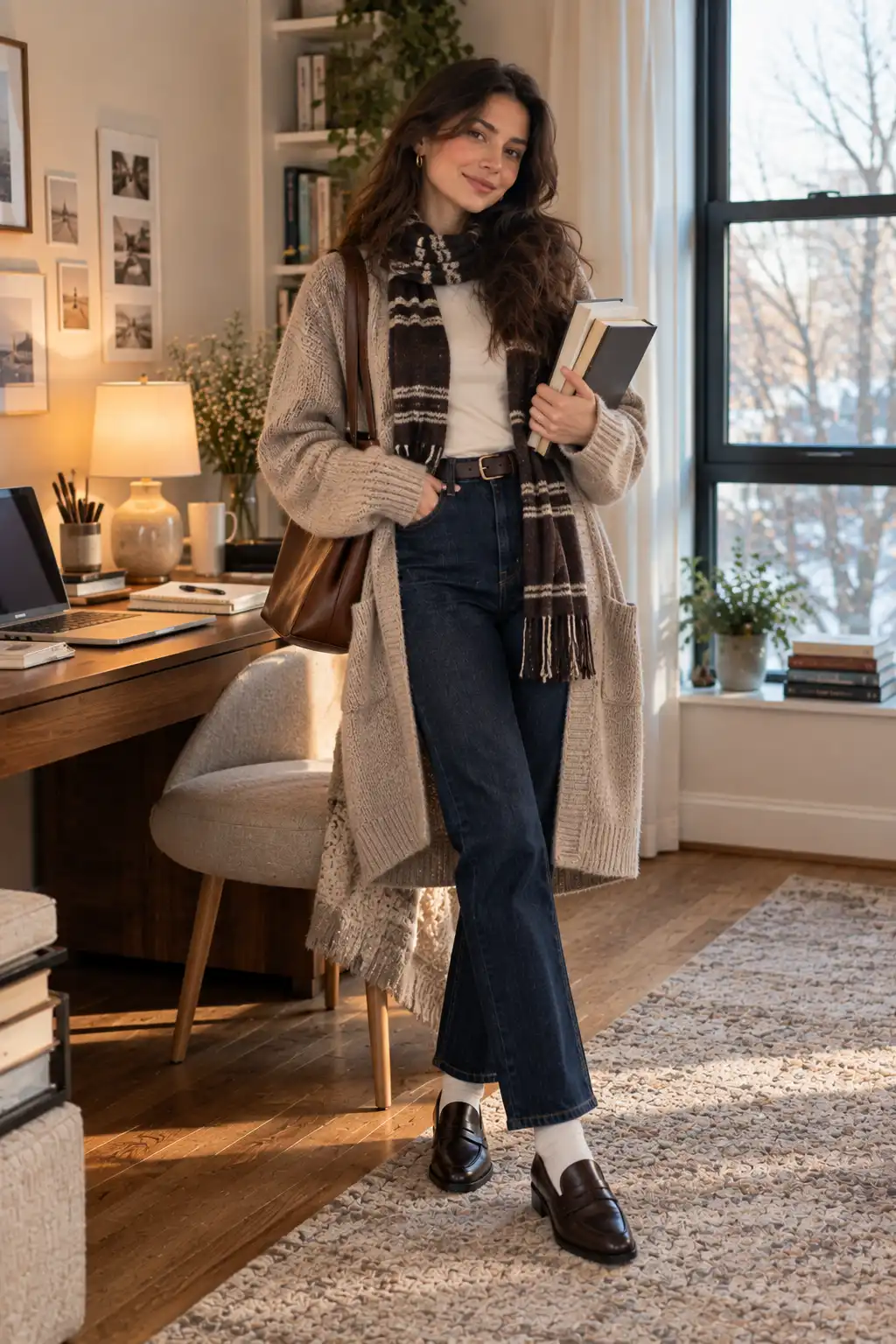 Woman wearing a long cardigan with a striped scarf, dark straight jeans, white socks and chunky loafers