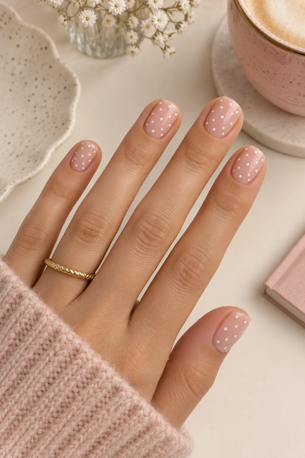 Short square nails with a soft nude base decorated with tiny delicate white dots for a minimalist polka dot manicure.