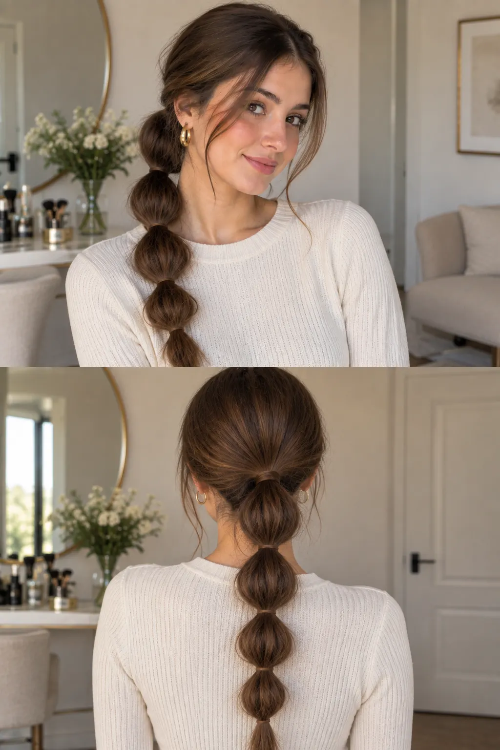 Trendy bubble ponytail divided into several rounded sections with small hair ties spaced along the length for a playful modern look.